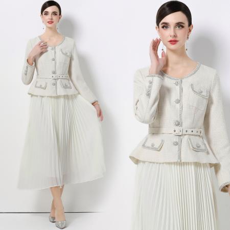 FA51364# 法式优雅气质收腰小香风外套拼接百褶半身长裙连衣裙 服裝批發女裝批發服飾貨源