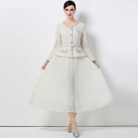 FA51364# 法式优雅气质收腰小香风外套拼接百褶半身长裙连衣裙 服裝批發女裝批發服飾貨源