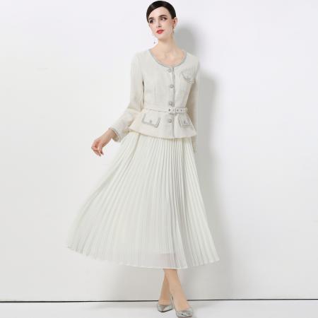 FA51364# 法式优雅气质收腰小香风外套拼接百褶半身长裙连衣裙 服裝批發女裝批發服飾貨源