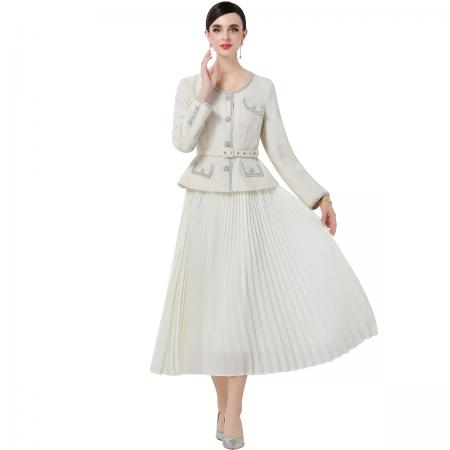 FA51364# 法式优雅气质收腰小香风外套拼接百褶半身长裙连衣裙 服裝批發女裝批發服飾貨源