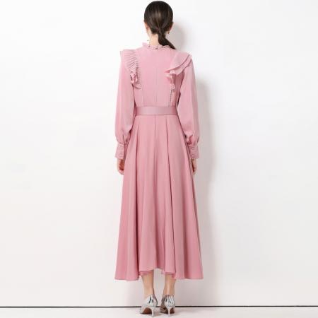 FA51365# 新款复古气质优雅立领荷叶边长袖收腰长款连衣裙长裙送腰带 服裝批發女裝批發服飾貨源