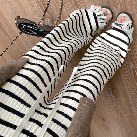 FA51368# 条纹软糯针织裤子女秋冬高腰阔腿裤直筒宽松休闲流苏拖地长裤 服裝批發女裝批發服飾貨源