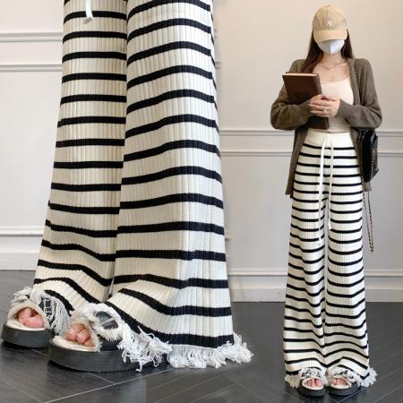FA51368# 条纹软糯针织裤子女秋冬高腰阔腿裤直筒宽松休闲流苏拖地长裤 服裝批發女裝批發服飾貨源