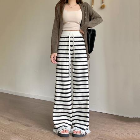 FA51368# 条纹软糯针织裤子女秋冬高腰阔腿裤直筒宽松休闲流苏拖地长裤 服裝批發女裝批發服飾貨源