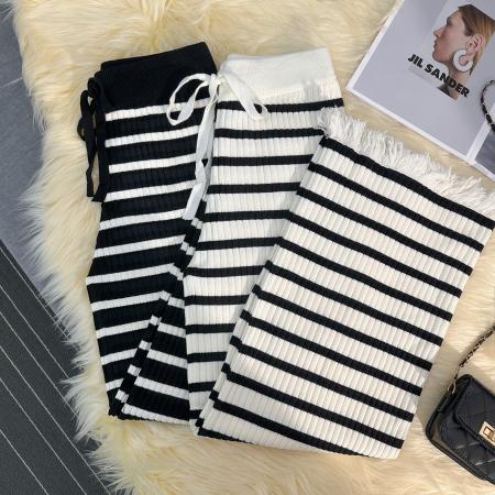 FA51368# 条纹软糯针织裤子女秋冬高腰阔腿裤直筒宽松休闲流苏拖地长裤 服裝批發女裝批發服飾貨源