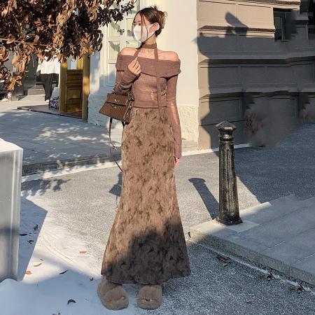 FA51370# 扎染丝绒半身裙女秋冬季新款垂坠感鱼尾裙高腰显瘦包臀裙 服裝批發女裝批發服飾貨源