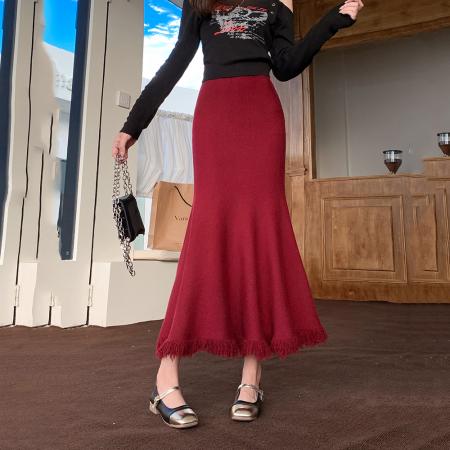 FA51371# 加厚针织鱼尾流苏半身裙女秋冬垂感修身高腰a字中长款包臀裙 服裝批發女裝批發服飾貨源