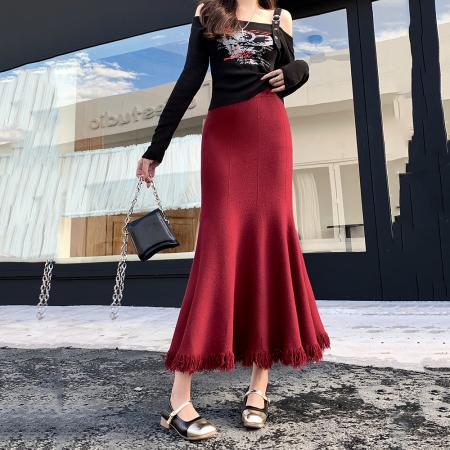 FA51371# 加厚针织鱼尾流苏半身裙女秋冬垂感修身高腰a字中长款包臀裙 服裝批發女裝批發服飾貨源