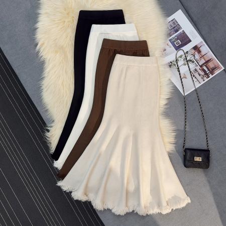 FA51371# 加厚针织鱼尾流苏半身裙女秋冬垂感修身高腰a字中长款包臀裙 服裝批發女裝批發服飾貨源