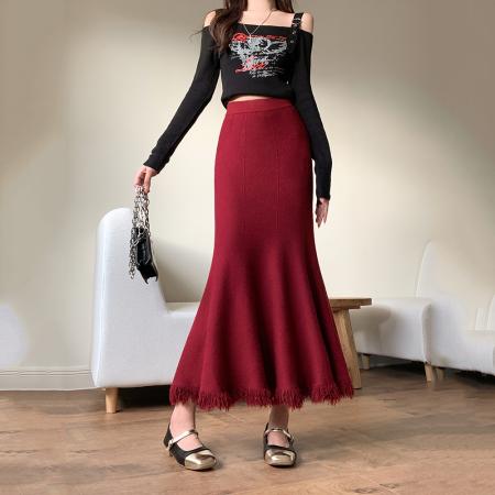 FA51371# 加厚针织鱼尾流苏半身裙女秋冬垂感修身高腰a字中长款包臀裙 服裝批發女裝批發服飾貨源