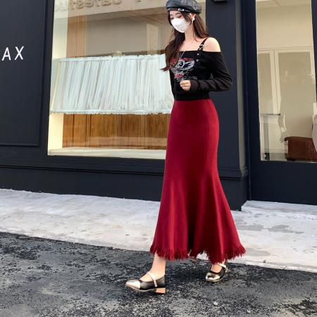 FA51371# 加厚针织鱼尾流苏半身裙女秋冬垂感修身高腰a字中长款包臀裙 服裝批發女裝批發服飾貨源