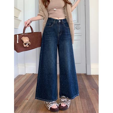 FA51372# 深色烫钻牛仔长裤女水洗做旧设计感满天星直筒宽松阔腿十分裤子 服裝批發女裝批發服飾貨源