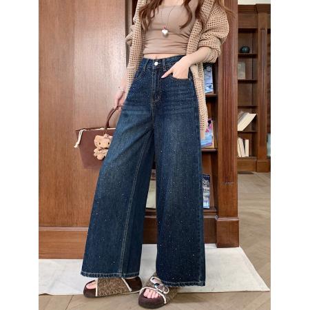 FA51372# 深色烫钻牛仔长裤女水洗做旧设计感满天星直筒宽松阔腿十分裤子 服裝批發女裝批發服飾貨源
