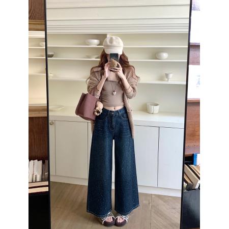 FA51372# 深色烫钻牛仔长裤女水洗做旧设计感满天星直筒宽松阔腿十分裤子 服裝批發女裝批發服飾貨源