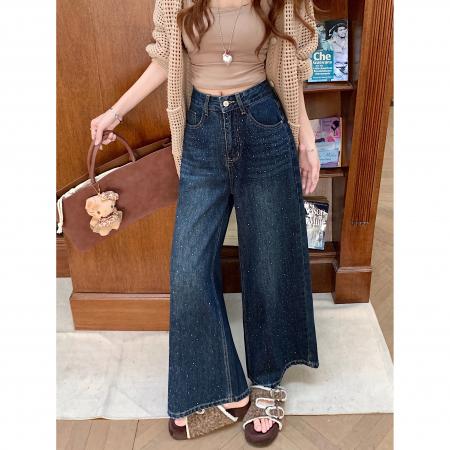 FA51372# 深色烫钻牛仔长裤女水洗做旧设计感满天星直筒宽松阔腿十分裤子 服裝批發女裝批發服飾貨源