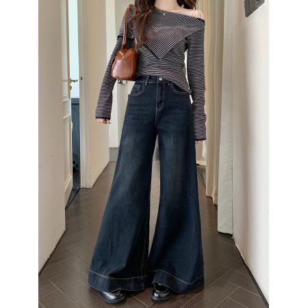 FA51373# 新款深色直筒牛仔长裤女设计感宽松阔腿大裤脚拖地裤子 服裝批發女裝批發服飾貨源