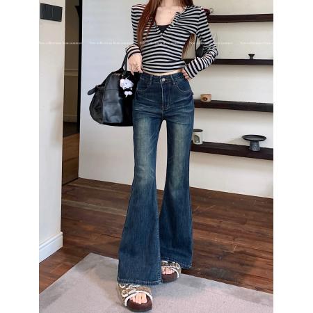 FA51374# 新款微弹牛仔长裤女后袋袋盖设计感复古水洗微喇叭阔脚拖地裤子 服裝批發女裝批發服飾貨源