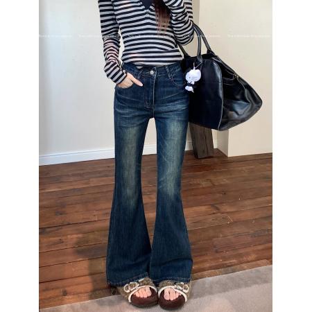 FA51374# 新款微弹牛仔长裤女后袋袋盖设计感复古水洗微喇叭阔脚拖地裤子 服裝批發女裝批發服飾貨源