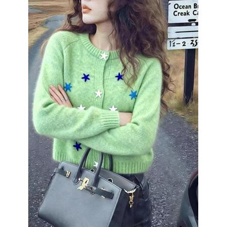 FA51375# 多巴胺绿色海星扣毛衣外套女秋冬新款慵懒风宽松针织开衫上衣 服裝批發女裝批發服飾貨源