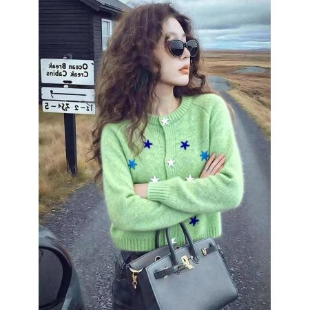 FA51375# 多巴胺绿色海星扣毛衣外套女秋冬新款慵懒风宽松针织开衫上衣 服裝批發女裝批發服飾貨源