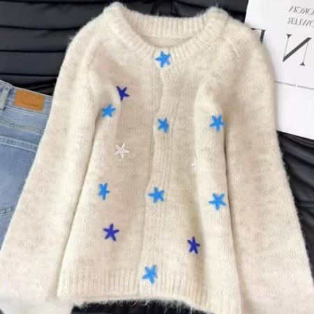 FA51375# 多巴胺绿色海星扣毛衣外套女秋冬新款慵懒风宽松针织开衫上衣 服裝批發女裝批發服飾貨源