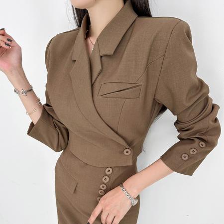 FA51376# 新款两件套冬季时尚修身小西装外套收腰开衩职业裙套装 服裝批發女裝批發服飾貨源