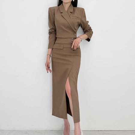 FA51376# 新款两件套冬季时尚修身小西装外套收腰开衩职业裙套装 服裝批發女裝批發服飾貨源