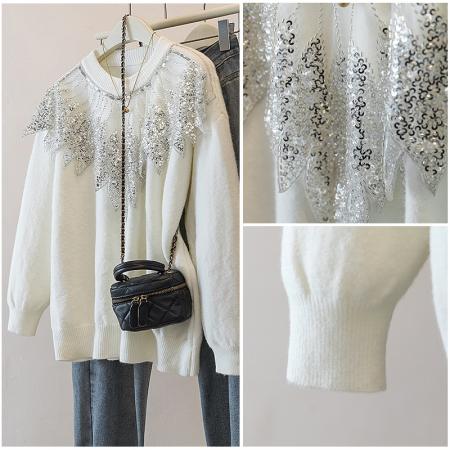 FA51377# 胖mm高端精致蕾丝设计拼接重工烫钻秋冬上衣时尚气质圆领毛衣 服裝批發女裝批發服飾貨源