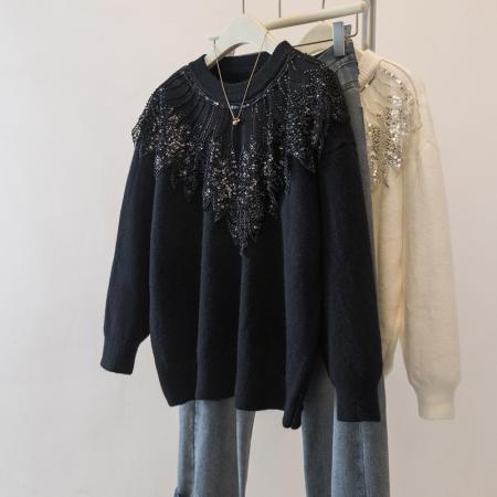 FA51377# 胖mm高端精致蕾丝设计拼接重工烫钻秋冬上衣时尚气质圆领毛衣 服裝批發女裝批發服飾貨源