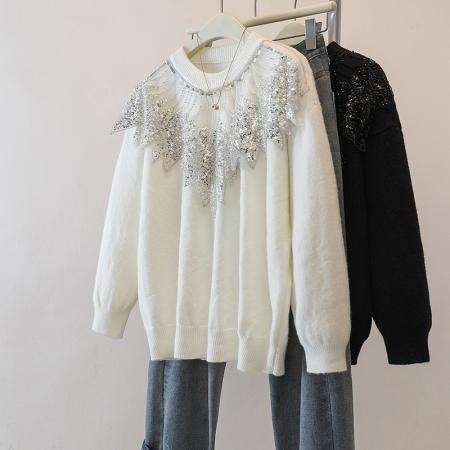 FA51377# 胖mm高端精致蕾丝设计拼接重工烫钻秋冬上衣时尚气质圆领毛衣 服裝批發女裝批發服飾貨源