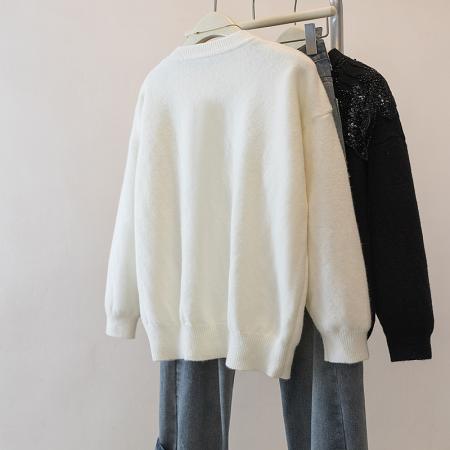 FA51377# 胖mm高端精致蕾丝设计拼接重工烫钻秋冬上衣时尚气质圆领毛衣 服裝批發女裝批發服飾貨源