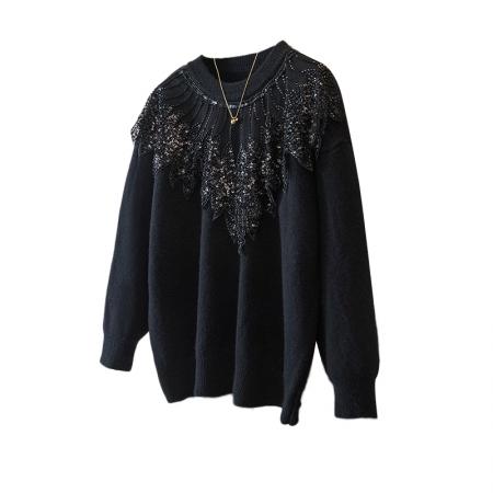 FA51377# 胖mm高端精致蕾丝设计拼接重工烫钻秋冬上衣时尚气质圆领毛衣 服裝批發女裝批發服飾貨源