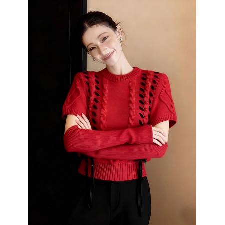 FA51378# 冬季圣诞氛围感穿搭巨好看上衣慵懒松弛感圆领红色袖套针织毛衣女 服裝批發女裝批發服飾貨源