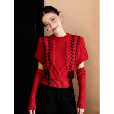 FA51378# 冬季圣诞氛围感穿搭巨好看上衣慵懒松弛感圆领红色袖套针织毛衣女 服裝批發女裝批發服飾貨源