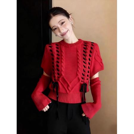 FA51378# 冬季圣诞氛围感穿搭巨好看上衣慵懒松弛感圆领红色袖套针织毛衣女 服裝批發女裝批發服飾貨源