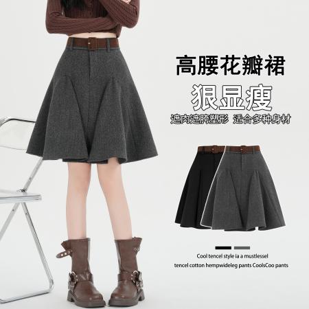 FA51379# 秋冬灰色设计感毛呢百褶半身裙女高腰显瘦A字伞裙遮肉短裙子 服裝批發女裝批發服飾貨源