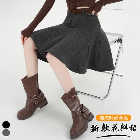 FA51379# 秋冬灰色设计感毛呢百褶半身裙女高腰显瘦A字伞裙遮肉短裙子 服裝批發女裝批發服飾貨源