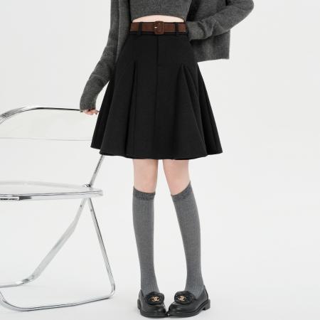 FA51379# 秋冬灰色设计感毛呢百褶半身裙女高腰显瘦A字伞裙遮肉短裙子 服裝批發女裝批發服飾貨源