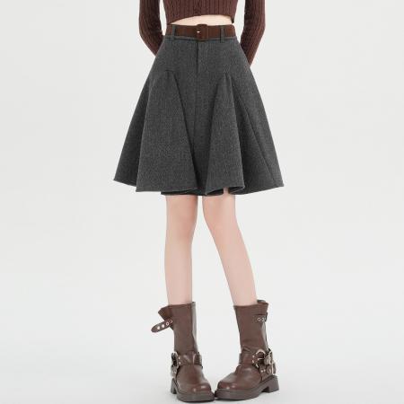 FA51379# 秋冬灰色设计感毛呢百褶半身裙女高腰显瘦A字伞裙遮肉短裙子 服裝批發女裝批發服飾貨源