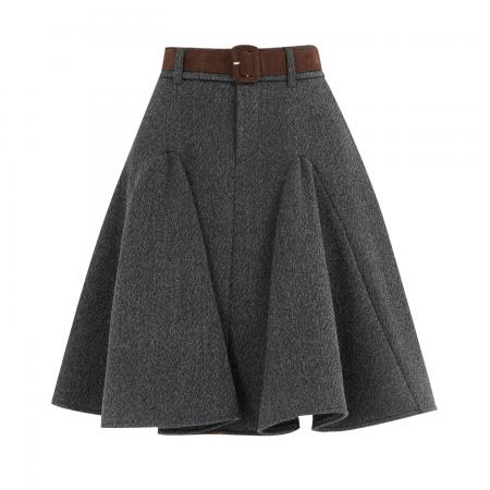 FA51379# 秋冬灰色设计感毛呢百褶半身裙女高腰显瘦A字伞裙遮肉短裙子 服裝批發女裝批發服飾貨源