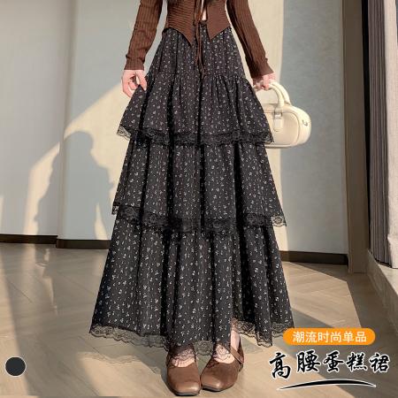 FA51380# 复古层次感蛋糕长裙百搭显瘦拼接蕾丝碎花A字半身裙女伞裙 服裝批發女裝批發服飾貨源