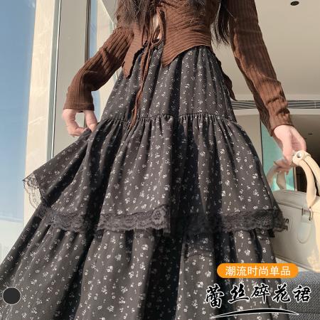 FA51380# 复古层次感蛋糕长裙百搭显瘦拼接蕾丝碎花A字半身裙女伞裙 服裝批發女裝批發服飾貨源