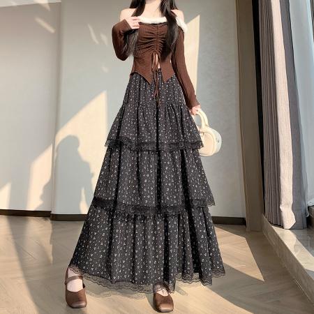 FA51380# 复古层次感蛋糕长裙百搭显瘦拼接蕾丝碎花A字半身裙女伞裙 服裝批發女裝批發服飾貨源