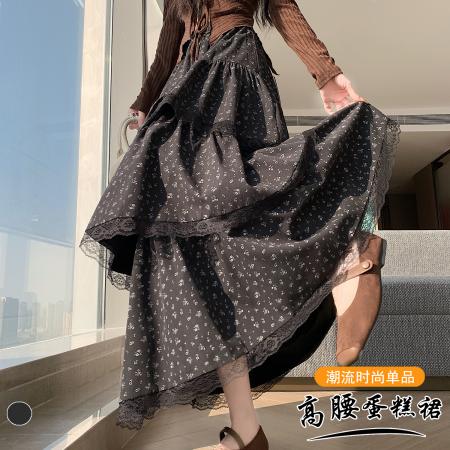 FA51380# 复古层次感蛋糕长裙百搭显瘦拼接蕾丝碎花A字半身裙女伞裙 服裝批發女裝批發服飾貨源