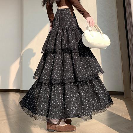 FA51380# 复古层次感蛋糕长裙百搭显瘦拼接蕾丝碎花A字半身裙女伞裙 服裝批發女裝批發服飾貨源