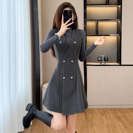 FA51381# 款法式复古气质半高领打底衫收腰显瘦背心裙洋气减龄两件套女 服裝批發女裝批發服飾貨源