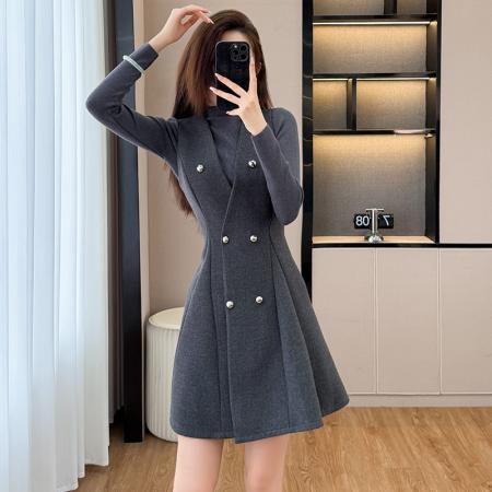 FA51381# 款法式复古气质半高领打底衫收腰显瘦背心裙洋气减龄两件套女 服裝批發女裝批發服飾貨源