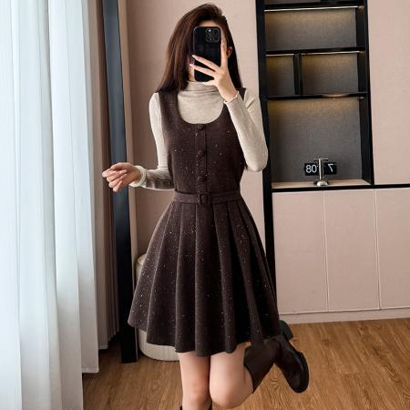 FA51382# 韩版亮闪闪收腰显瘦百褶背心连衣裙女秋季半高领长袖针织衫两件套 服裝批發女裝批發服飾貨源