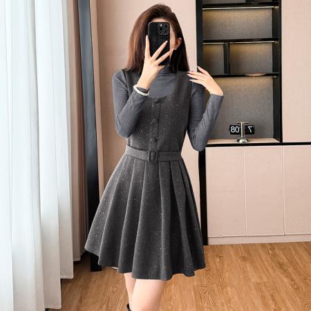FA51382# 韩版亮闪闪收腰显瘦百褶背心连衣裙女秋季半高领长袖针织衫两件套 服裝批發女裝批發服飾貨源