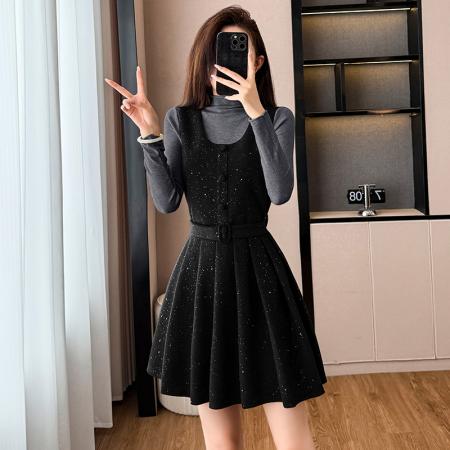 FA51382# 韩版亮闪闪收腰显瘦百褶背心连衣裙女秋季半高领长袖针织衫两件套 服裝批發女裝批發服飾貨源